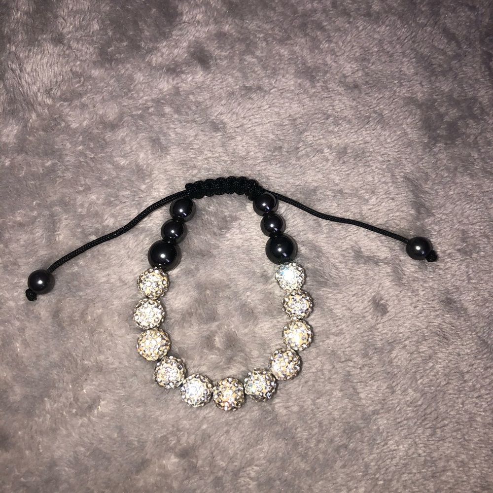 Black and Silver Beaded Bracelet with fake diamonds/ stones